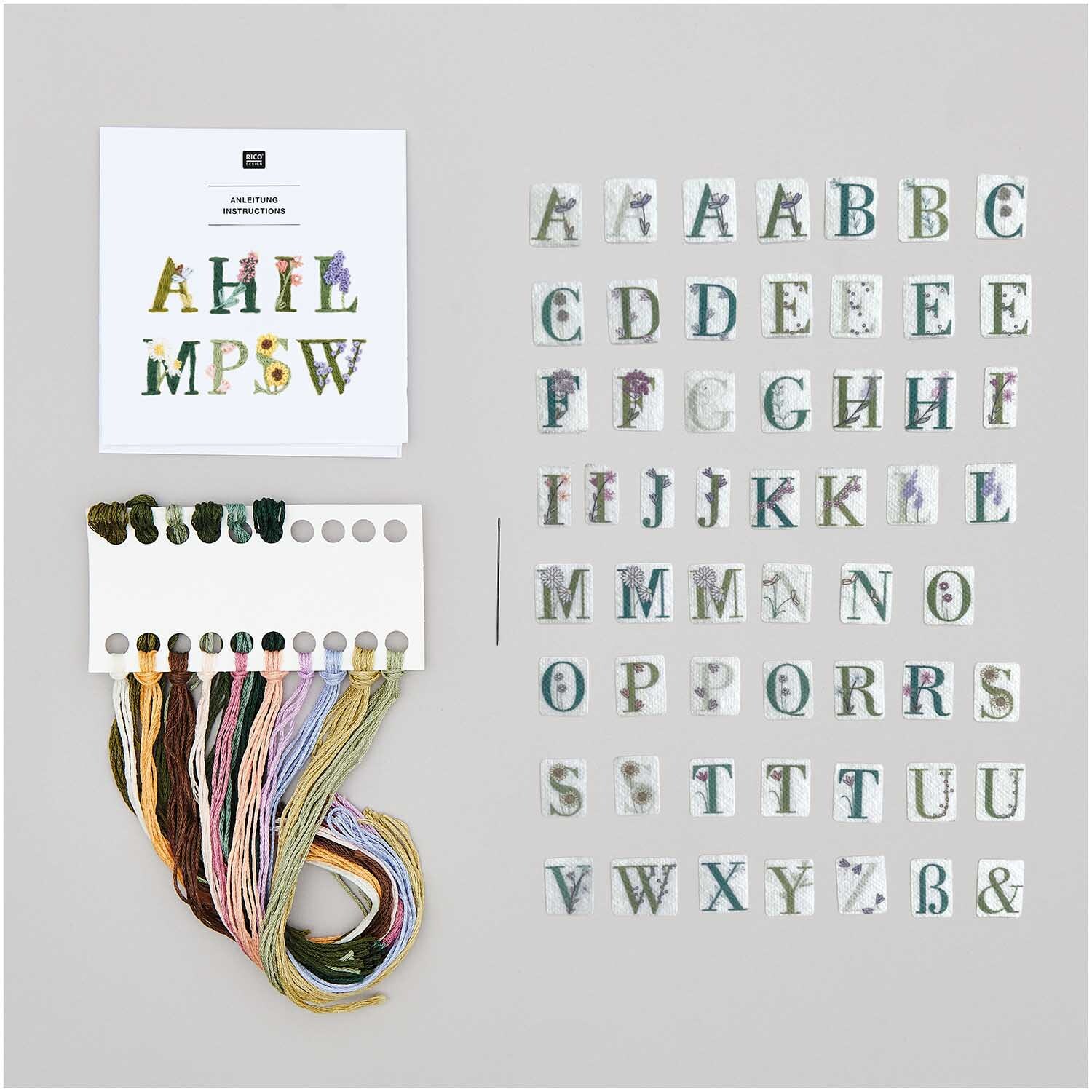 Stick and Stitch Stickpackung Blumenalphabet vorgezeichnet Bunt